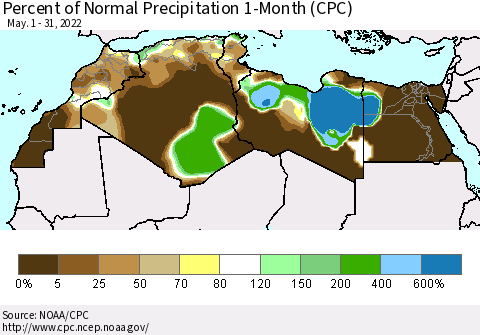 North Africa Percent of Normal Precipitation 1-Month (CPC) Thematic Map For 5/1/2022 - 5/31/2022