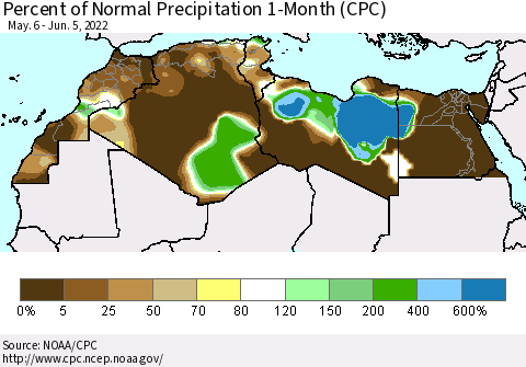 North Africa Percent of Normal Precipitation 1-Month (CPC) Thematic Map For 5/6/2022 - 6/5/2022