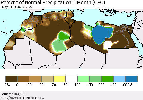 North Africa Percent of Normal Precipitation 1-Month (CPC) Thematic Map For 5/11/2022 - 6/10/2022