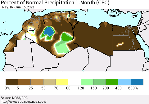 North Africa Percent of Normal Precipitation 1-Month (CPC) Thematic Map For 5/16/2022 - 6/15/2022