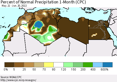North Africa Percent of Normal Precipitation 1-Month (CPC) Thematic Map For 5/21/2022 - 6/20/2022