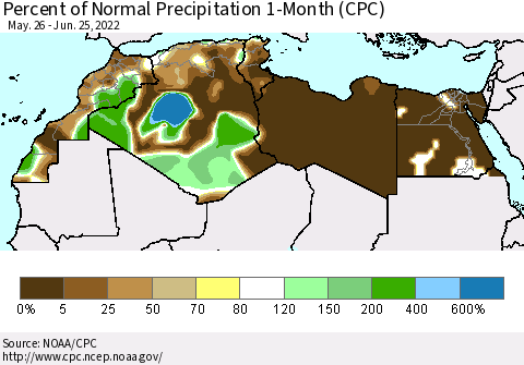 North Africa Percent of Normal Precipitation 1-Month (CPC) Thematic Map For 5/26/2022 - 6/25/2022