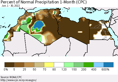 North Africa Percent of Normal Precipitation 1-Month (CPC) Thematic Map For 6/1/2022 - 6/30/2022