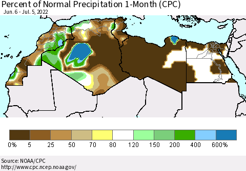 North Africa Percent of Normal Precipitation 1-Month (CPC) Thematic Map For 6/6/2022 - 7/5/2022