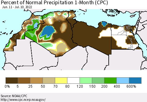 North Africa Percent of Normal Precipitation 1-Month (CPC) Thematic Map For 6/11/2022 - 7/10/2022