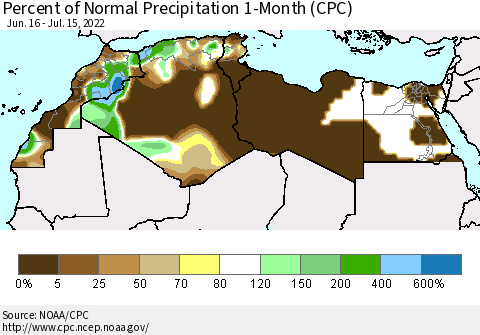 North Africa Percent of Normal Precipitation 1-Month (CPC) Thematic Map For 6/16/2022 - 7/15/2022