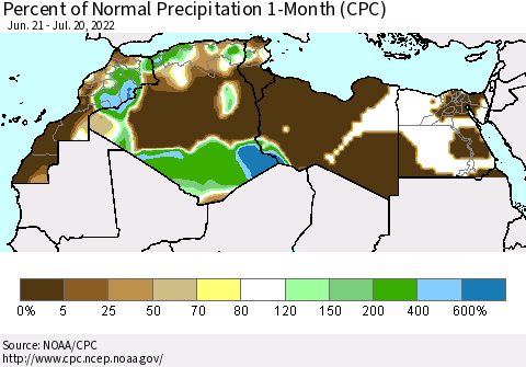 North Africa Percent of Normal Precipitation 1-Month (CPC) Thematic Map For 6/21/2022 - 7/20/2022