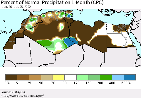 North Africa Percent of Normal Precipitation 1-Month (CPC) Thematic Map For 6/26/2022 - 7/25/2022