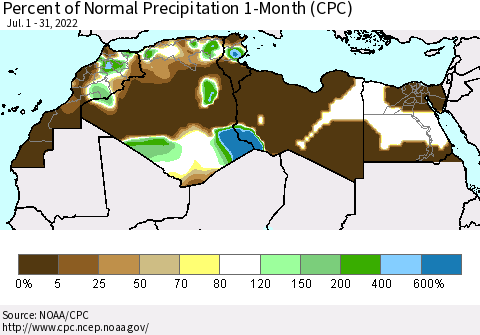 North Africa Percent of Normal Precipitation 1-Month (CPC) Thematic Map For 7/1/2022 - 7/31/2022