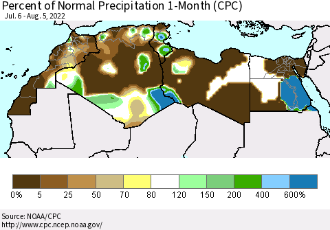 North Africa Percent of Normal Precipitation 1-Month (CPC) Thematic Map For 7/6/2022 - 8/5/2022