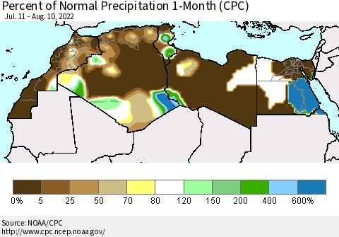 North Africa Percent of Normal Precipitation 1-Month (CPC) Thematic Map For 7/11/2022 - 8/10/2022