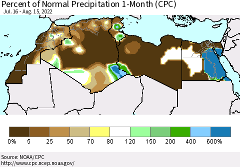 North Africa Percent of Normal Precipitation 1-Month (CPC) Thematic Map For 7/16/2022 - 8/15/2022