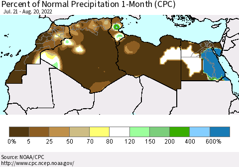 North Africa Percent of Normal Precipitation 1-Month (CPC) Thematic Map For 7/21/2022 - 8/20/2022