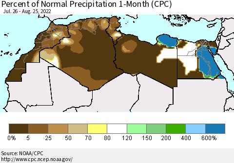 North Africa Percent of Normal Precipitation 1-Month (CPC) Thematic Map For 7/26/2022 - 8/25/2022