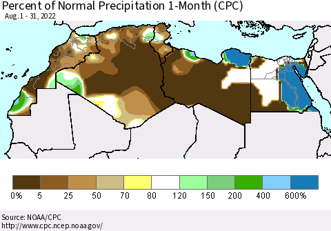 North Africa Percent of Normal Precipitation 1-Month (CPC) Thematic Map For 8/1/2022 - 8/31/2022