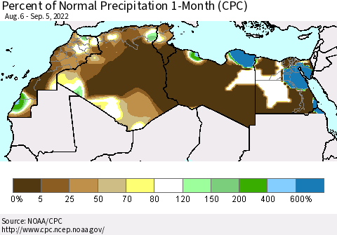 North Africa Percent of Normal Precipitation 1-Month (CPC) Thematic Map For 8/6/2022 - 9/5/2022