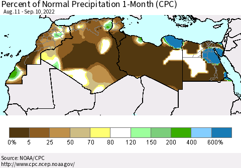 North Africa Percent of Normal Precipitation 1-Month (CPC) Thematic Map For 8/11/2022 - 9/10/2022