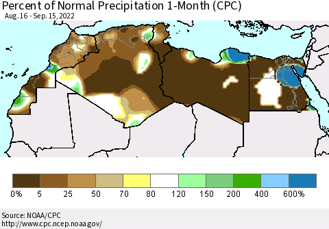 North Africa Percent of Normal Precipitation 1-Month (CPC) Thematic Map For 8/16/2022 - 9/15/2022