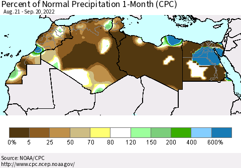 North Africa Percent of Normal Precipitation 1-Month (CPC) Thematic Map For 8/21/2022 - 9/20/2022