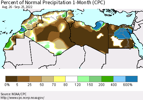 North Africa Percent of Normal Precipitation 1-Month (CPC) Thematic Map For 8/26/2022 - 9/25/2022