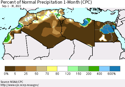 North Africa Percent of Normal Precipitation 1-Month (CPC) Thematic Map For 9/1/2022 - 9/30/2022