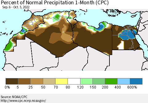 North Africa Percent of Normal Precipitation 1-Month (CPC) Thematic Map For 9/6/2022 - 10/5/2022