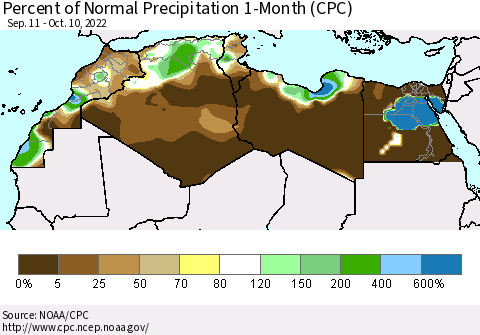 North Africa Percent of Normal Precipitation 1-Month (CPC) Thematic Map For 9/11/2022 - 10/10/2022