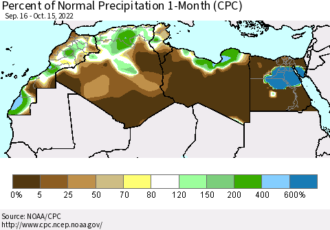 North Africa Percent of Normal Precipitation 1-Month (CPC) Thematic Map For 9/16/2022 - 10/15/2022