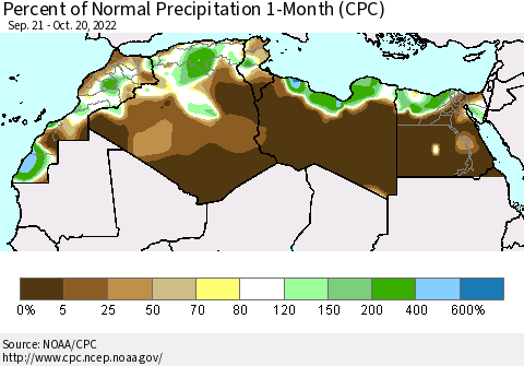North Africa Percent of Normal Precipitation 1-Month (CPC) Thematic Map For 9/21/2022 - 10/20/2022