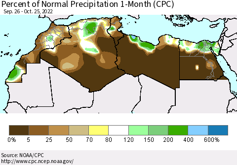 North Africa Percent of Normal Precipitation 1-Month (CPC) Thematic Map For 9/26/2022 - 10/25/2022