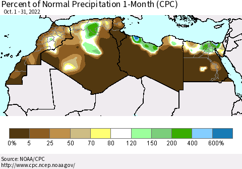 North Africa Percent of Normal Precipitation 1-Month (CPC) Thematic Map For 10/1/2022 - 10/31/2022