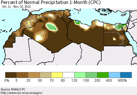 North Africa Percent of Normal Precipitation 1-Month (CPC) Thematic Map For 10/11/2022 - 11/10/2022