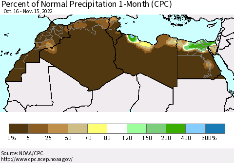 North Africa Percent of Normal Precipitation 1-Month (CPC) Thematic Map For 10/16/2022 - 11/15/2022