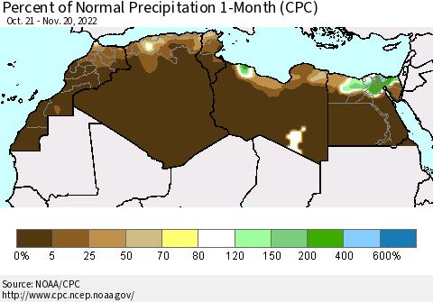 North Africa Percent of Normal Precipitation 1-Month (CPC) Thematic Map For 10/21/2022 - 11/20/2022