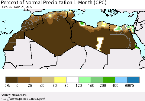 North Africa Percent of Normal Precipitation 1-Month (CPC) Thematic Map For 10/26/2022 - 11/25/2022