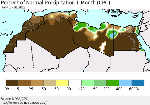 North Africa Percent of Normal Precipitation 1-Month (CPC) Thematic Map For 11/1/2022 - 11/30/2022