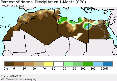 North Africa Percent of Normal Precipitation 1-Month (CPC) Thematic Map For 11/6/2022 - 12/5/2022
