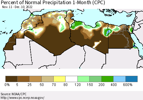 North Africa Percent of Normal Precipitation 1-Month (CPC) Thematic Map For 11/11/2022 - 12/10/2022