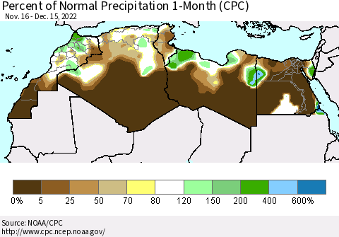 North Africa Percent of Normal Precipitation 1-Month (CPC) Thematic Map For 11/16/2022 - 12/15/2022