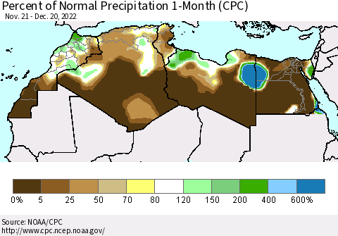 North Africa Percent of Normal Precipitation 1-Month (CPC) Thematic Map For 11/21/2022 - 12/20/2022