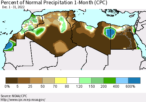 North Africa Percent of Normal Precipitation 1-Month (CPC) Thematic Map For 12/1/2022 - 12/31/2022