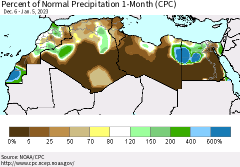 North Africa Percent of Normal Precipitation 1-Month (CPC) Thematic Map For 12/6/2022 - 1/5/2023