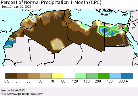 North Africa Percent of Normal Precipitation 1-Month (CPC) Thematic Map For 12/11/2022 - 1/10/2023