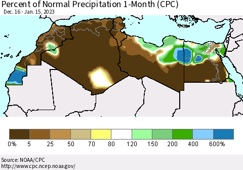 North Africa Percent of Normal Precipitation 1-Month (CPC) Thematic Map For 12/16/2022 - 1/15/2023