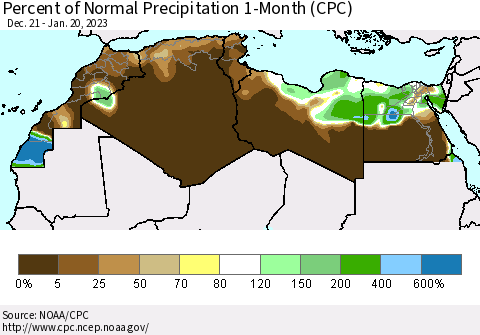 North Africa Percent of Normal Precipitation 1-Month (CPC) Thematic Map For 12/21/2022 - 1/20/2023