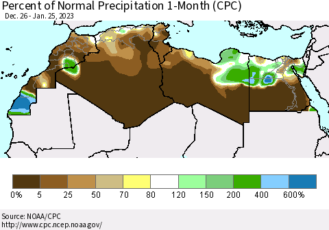 North Africa Percent of Normal Precipitation 1-Month (CPC) Thematic Map For 12/26/2022 - 1/25/2023