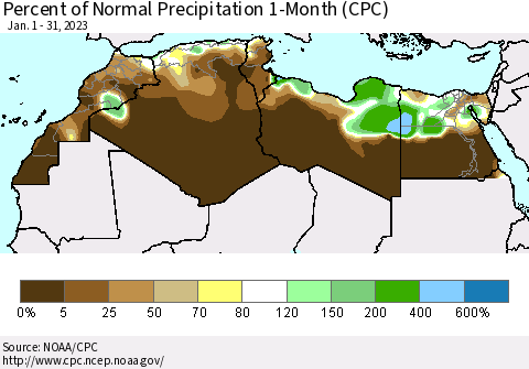 North Africa Percent of Normal Precipitation 1-Month (CPC) Thematic Map For 1/1/2023 - 1/31/2023