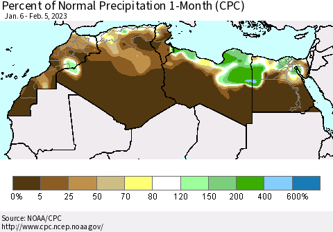 North Africa Percent of Normal Precipitation 1-Month (CPC) Thematic Map For 1/6/2023 - 2/5/2023