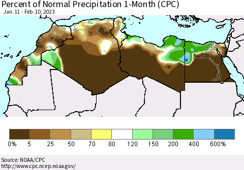 North Africa Percent of Normal Precipitation 1-Month (CPC) Thematic Map For 1/11/2023 - 2/10/2023