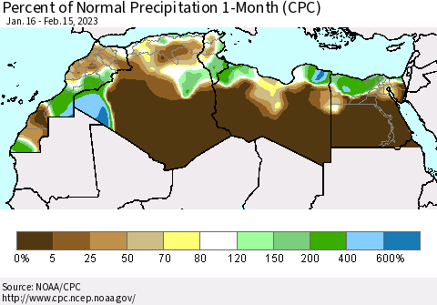 North Africa Percent of Normal Precipitation 1-Month (CPC) Thematic Map For 1/16/2023 - 2/15/2023